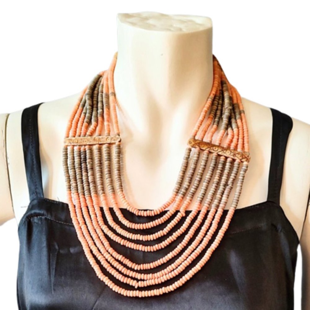 1980s Vintage Peach & Grey Bone Beaded Multi Strand Statement Tribal Necklace